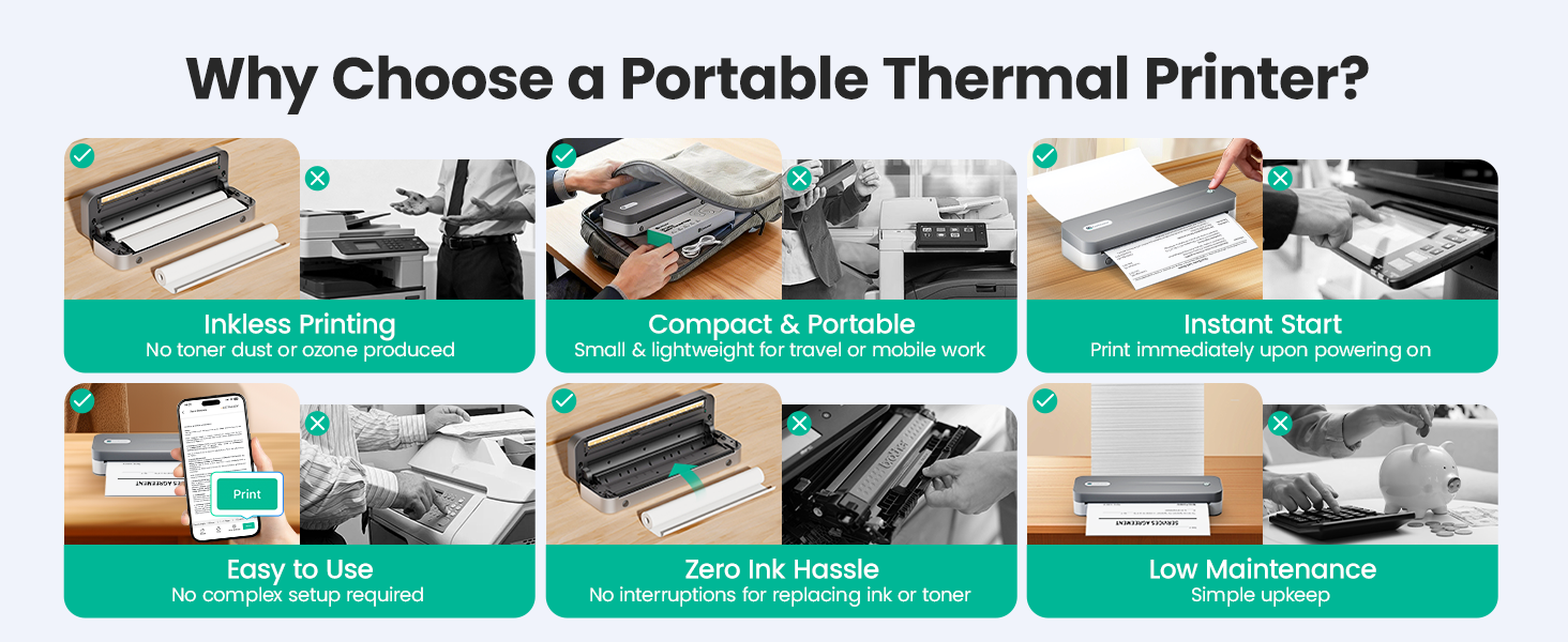 P1 Pro Ink-Free Thermal Printer, Portable US Letter Size Bluetooth Printer with 1 Roll Paper, for iPhone Android Computer, Home Office Use