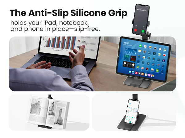 iPhone Holder, 360° Rotatable Clip-On Phone Mount with Non-Slip Base - Adjustable Desk Stand for iPhone & Smartphones(1 Pack, Black)