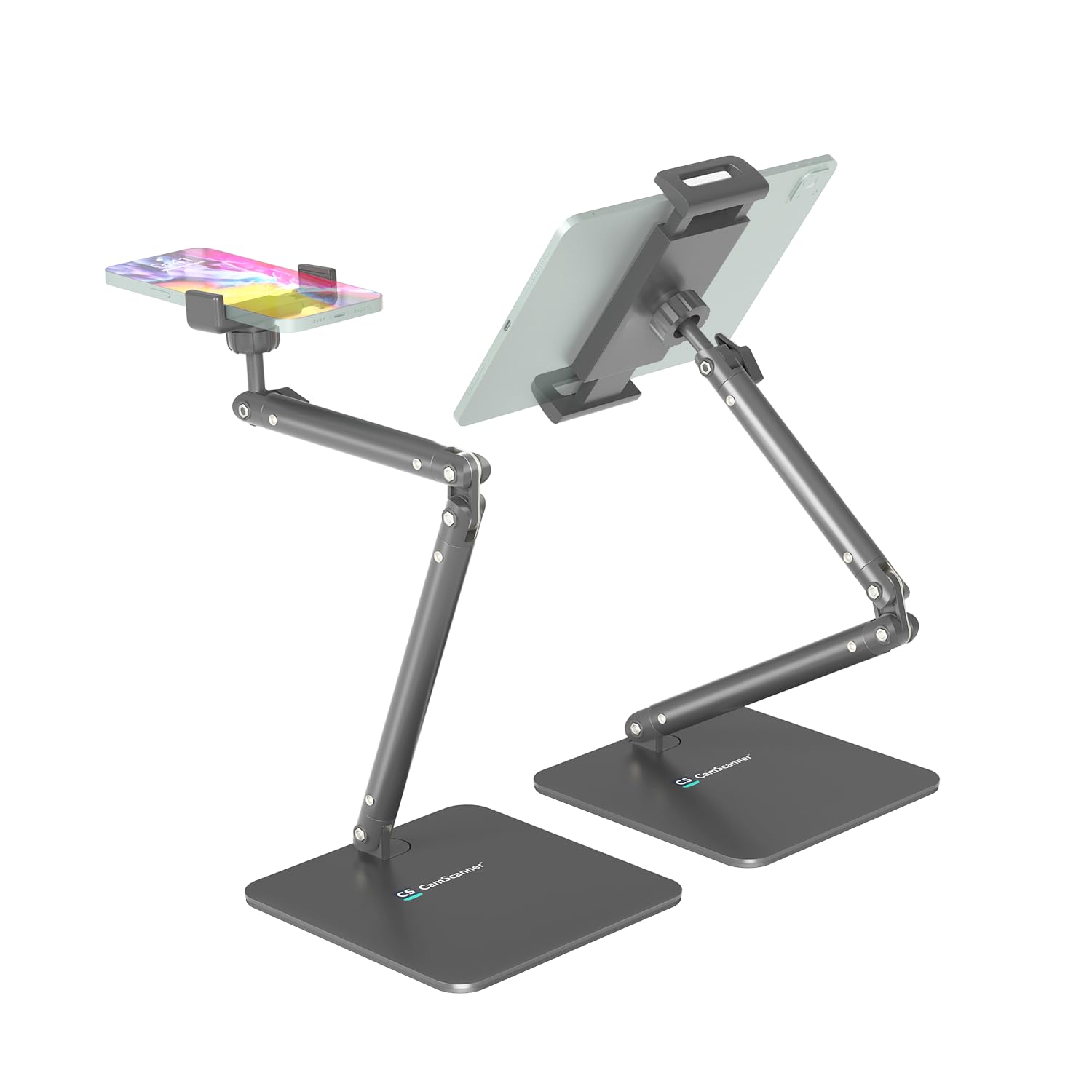 CamScanner Dual Folding Cell Phone Stand, Fully Adjustable Foldable Desktop Phone Holder Cradle Dock Compatible with iPhone
