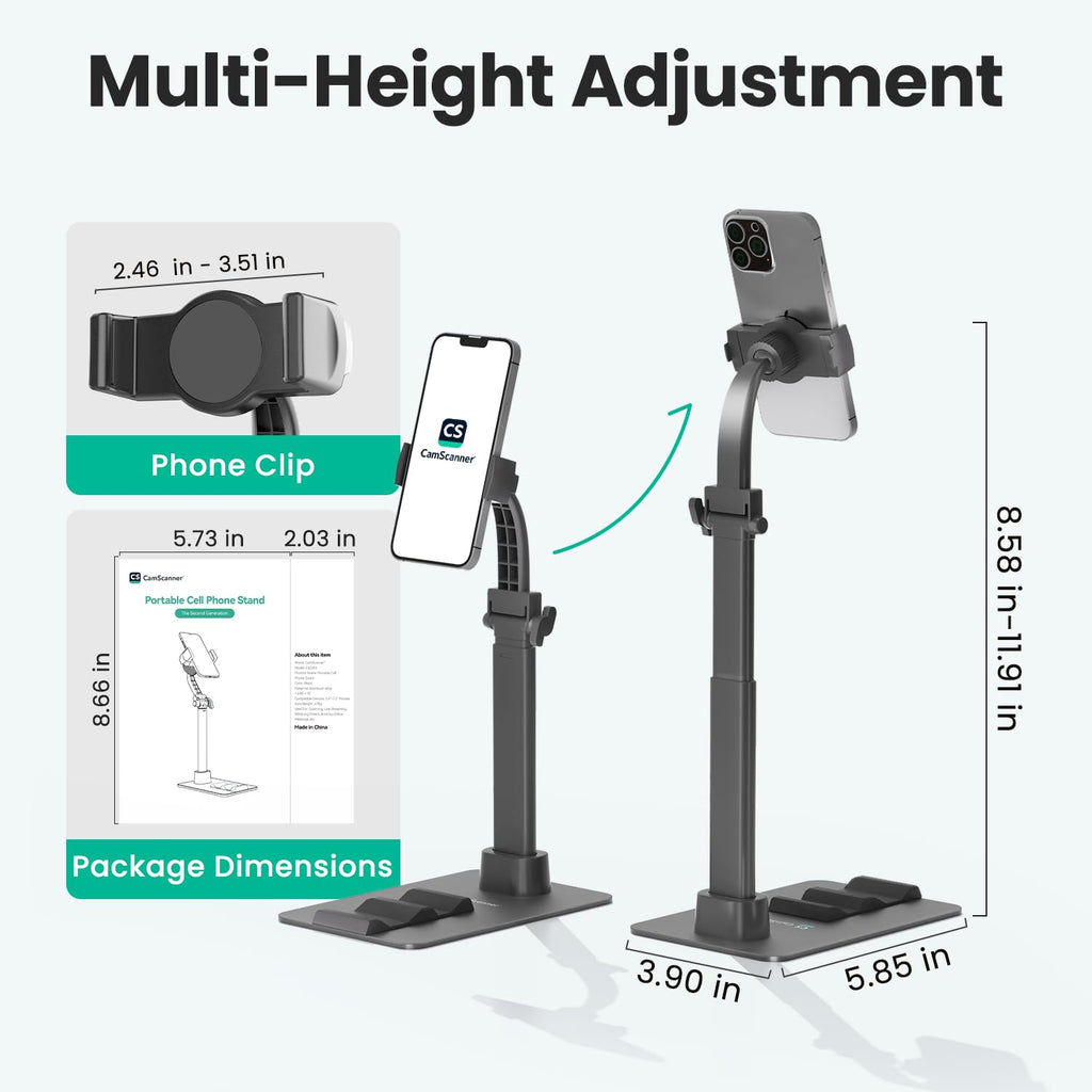 Adjustable Phone Stand for Scanner, Hands-Free Desktop Holder Compatible with iPhone 15/14/13/12, Samsung, and More
