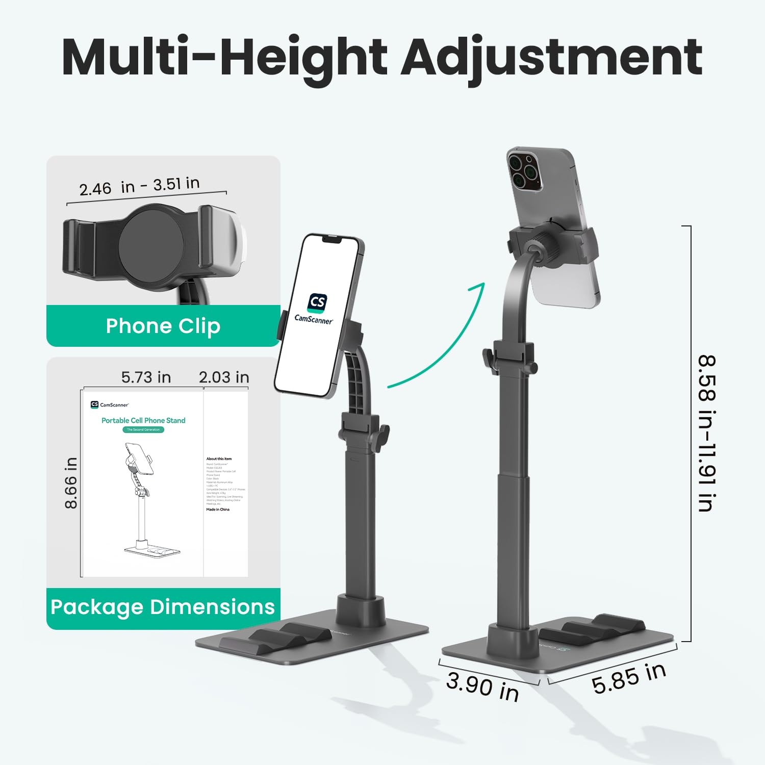 Adjustable Phone Stand for Scanner, Hands-Free Desktop Holder Compatible with iPhone 15/14/13/12, Samsung, and More