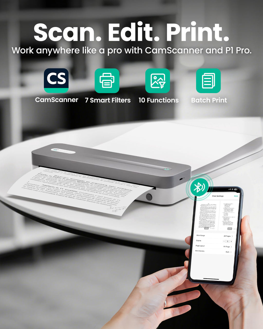 CamScanner P1 Pro Inkless Thermal Printer, Portable US Letter Size Bluetooth Printer with 1 Roll of Paper, for iPhone Android Computer, Home Office Use