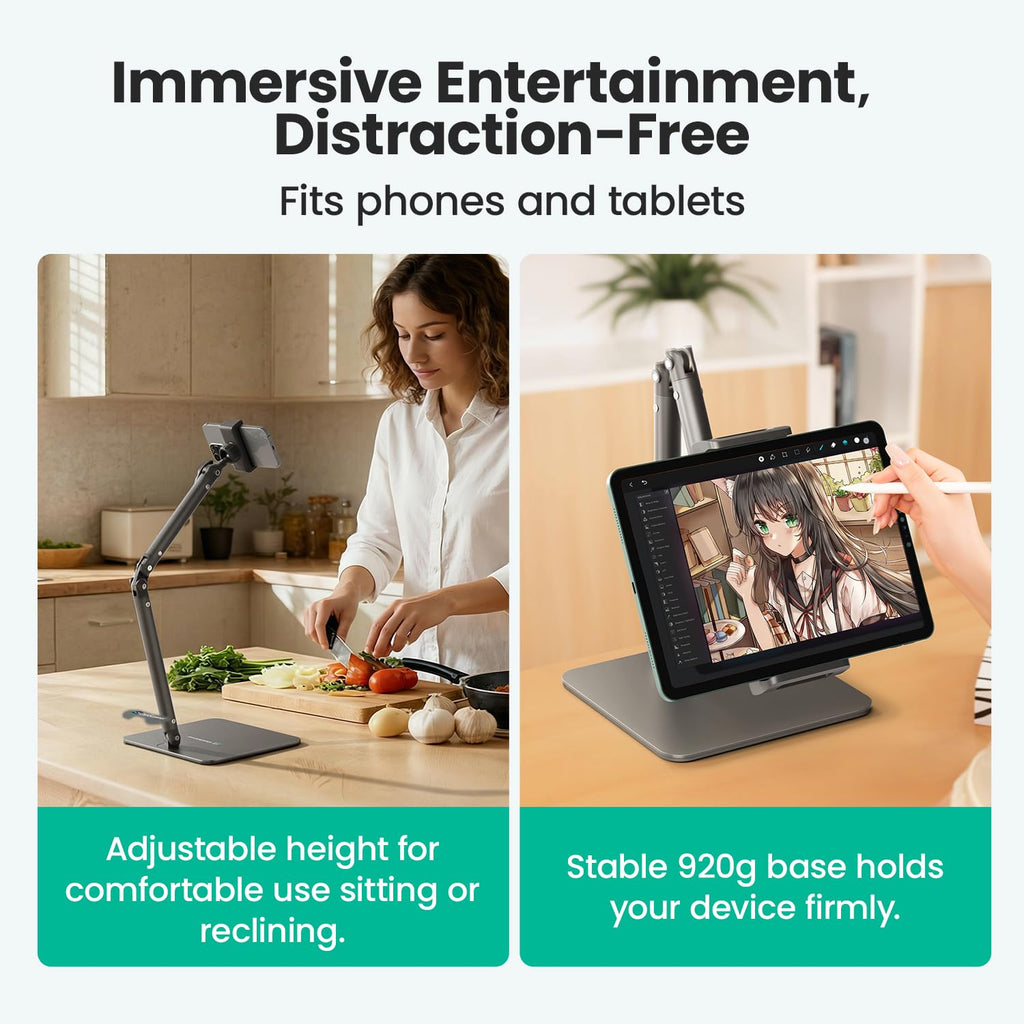 CamScanner Dual Folding Cell Phone Stand, Fully Adjustable Foldable Desktop Phone Holder Cradle Dock Compatible with iPhone