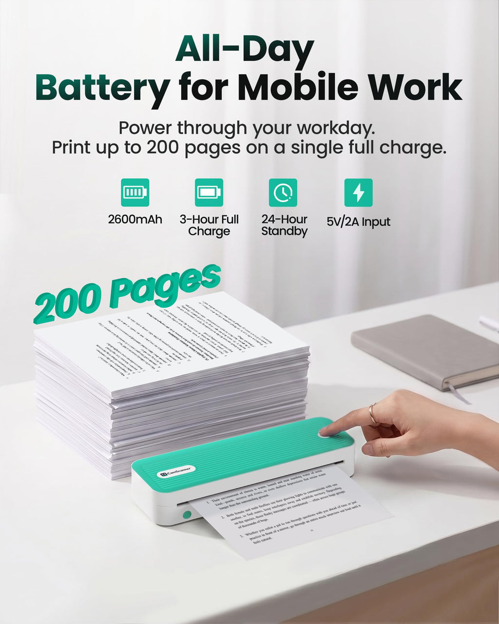 CamScanner P1 Portable Inkless Printer, 203 DPI Wireless Thermal Printing for iPhone Android Laptop PC, Print US Letter Documents Receipts Anywhere, for Travel Remote Work Home Office School, Green