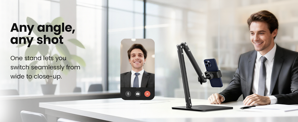 Ergonomic Phone iPad Stand for Desk - Ultra Sturdy Base, Adjustable & Foldable Mobile Holder with 2 Extendable Clamps, Work from Home Essentials Compatible with iPhone/iPad (1 Pack)