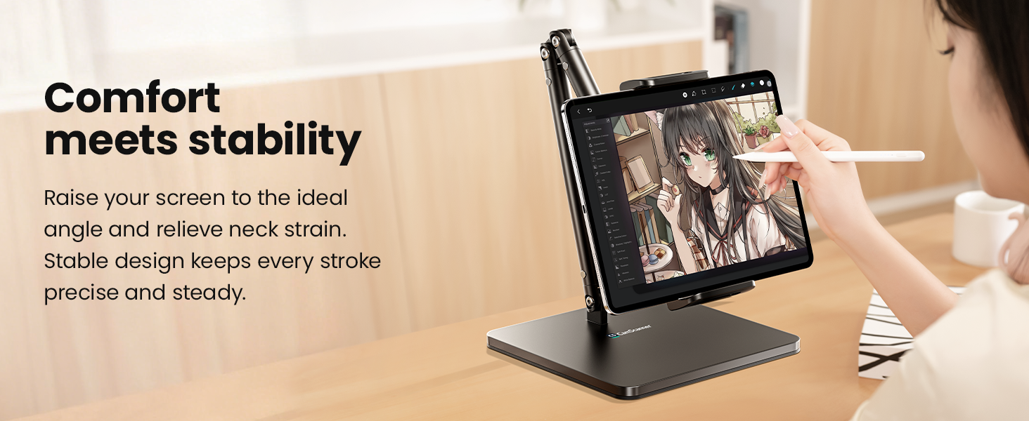 Ergonomic Phone iPad Stand for Desk - Ultra Sturdy Base, Adjustable & Foldable Mobile Holder with 2 Extendable Clamps, Work from Home Essentials Compatible with iPhone/iPad (1 Pack)