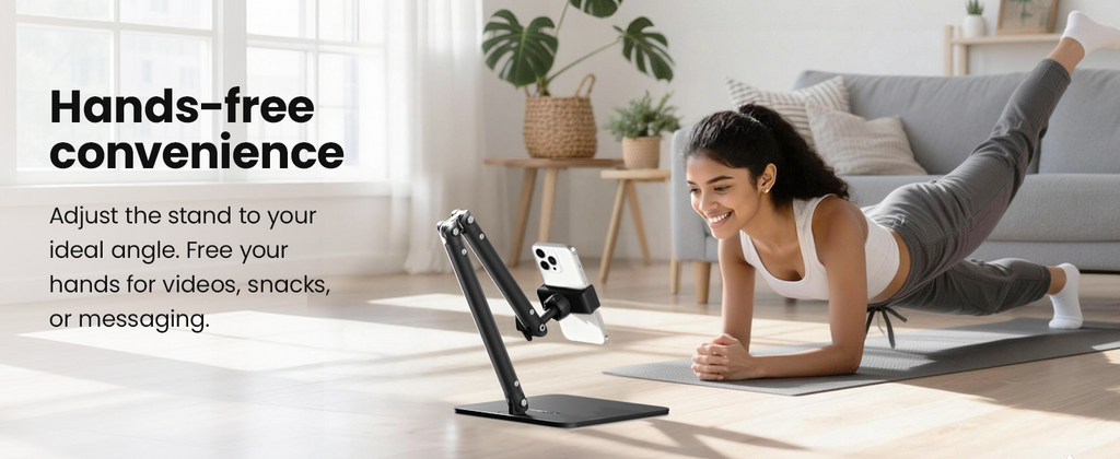 Ergonomic Phone iPad Stand for Desk - Ultra Sturdy Base, Adjustable & Foldable Mobile Holder with 2 Extendable Clamps, Work from Home Essentials Compatible with iPhone/iPad (1 Pack)