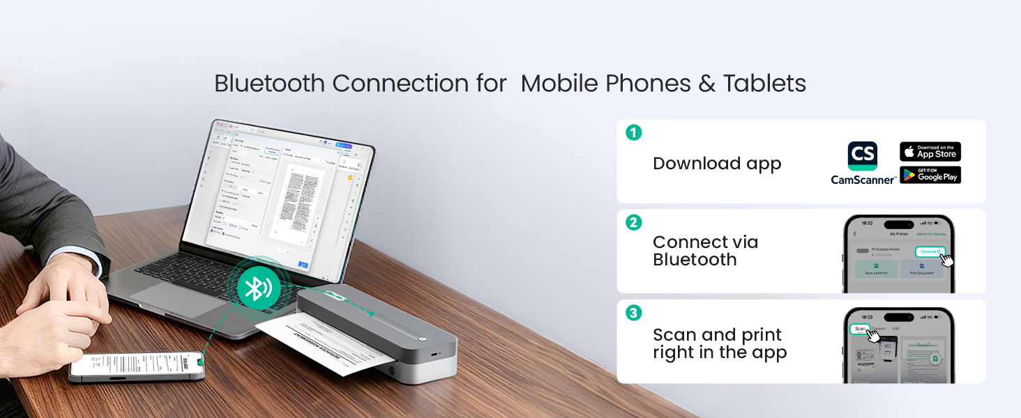 P1 Pro Ink-Free Thermal Printer, Portable US Letter Size Bluetooth Printer with 1 Roll Paper, for iPhone Android Computer, Home Office Use